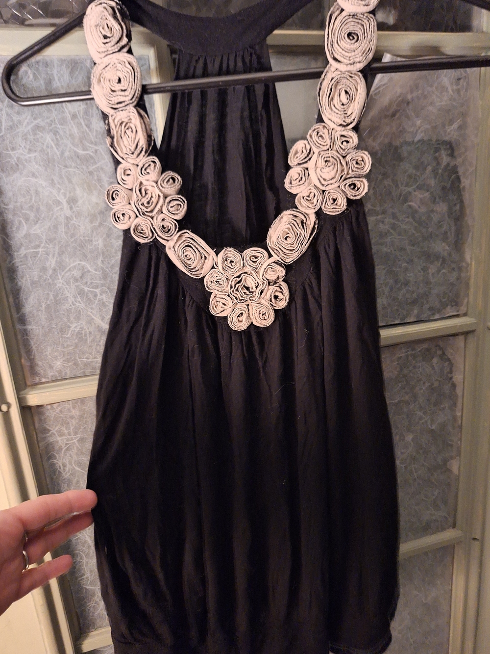 VTG Y2K Cantata USA Black Bubble Hem Tank Top Pink Rosette Floral Neck M